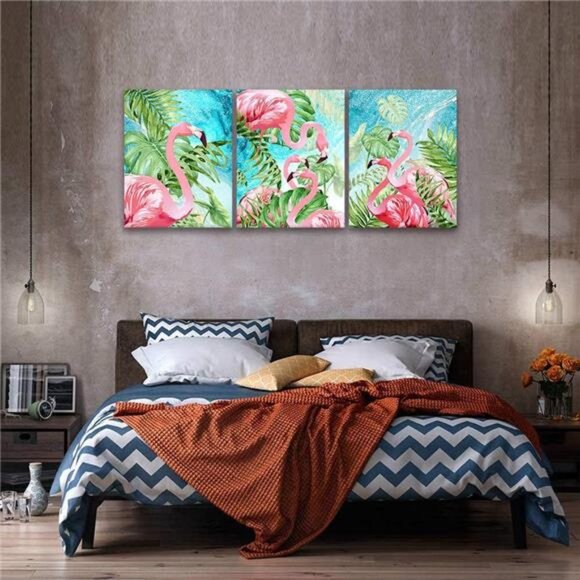 RUISHI Canvas Wall Art 3 Pieces Flamingo Boho Decor for Bedroom Animal Picture - Picture 4 of 6